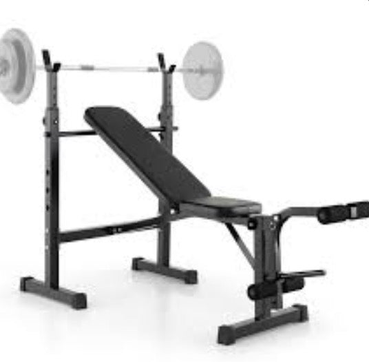 Adjustable weight bench and barbell rack set with weight plate post by Best version.