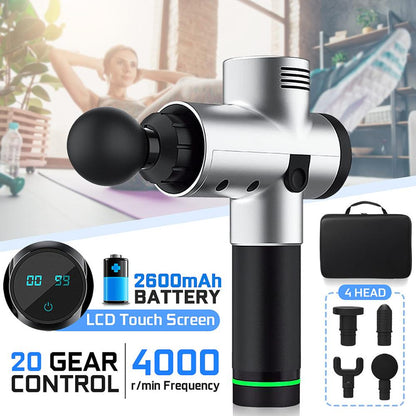 4 head electric massage guns featuring LCD touch screen, 20 gear control, and 2600mAh battery for effective muscle relief.