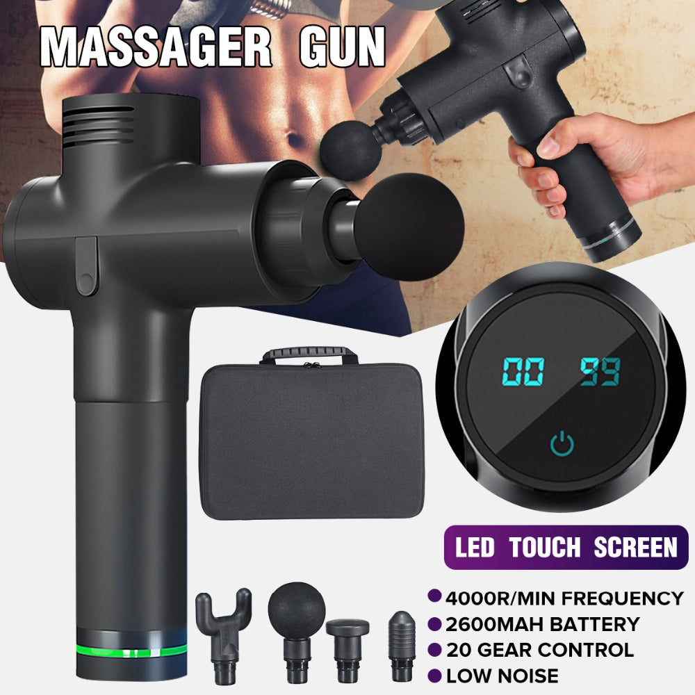 4 head electric massage guns displayed with features like LED touch screen and various massage heads.