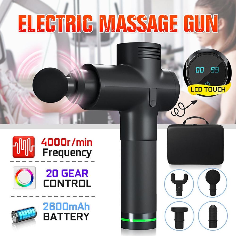 4 head electric massage guns with LCD touch display, 4000r/min frequency, and 20 gear control for effective muscle relief.